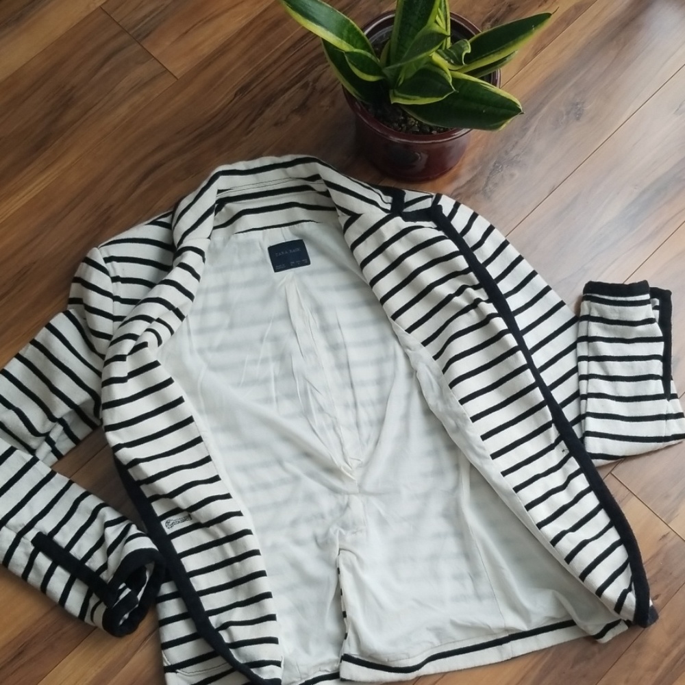 ZARA Basic Blazer Jacket Striped Sz L Black Cream - Picture 3 of 6
